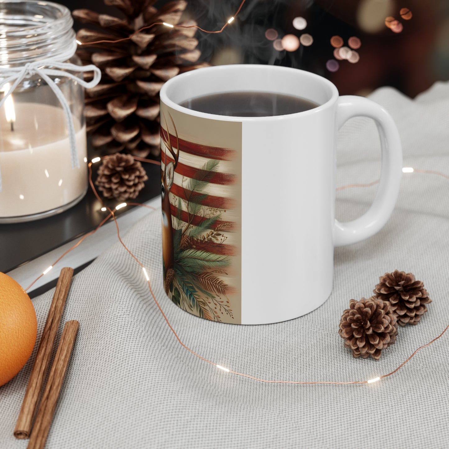 Patriotic Whitetail Deer Coffee Mug – American Flag Deer Mug – Rustic Floral Buck Art Cup – Americana Wildlife Gift Mug 11oz