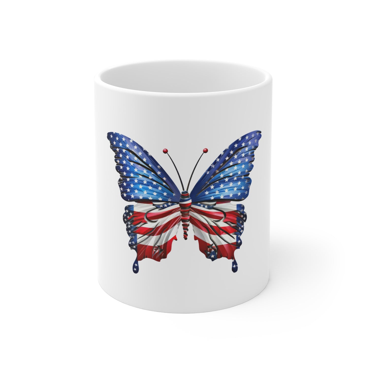 Dynamic American Flag Butterfly Mug – Flowing Patriotic Butterfly Coffee Mug – Red White Blue Motion Wing Design – USA Statement Gift Patriotic Butterfly Mug - American Flag 11oz Coffee Cup