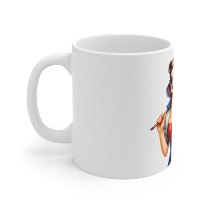 Patriotic Retro Woman with Flag Mug – Vintage Americana Pin Up Coffee Mug – USA Flag Style Cup – 4th of July Gift – Classic Red White Blue Mug Patriotic Pinup Girl Coffee Mug — Vintage 4th of July...