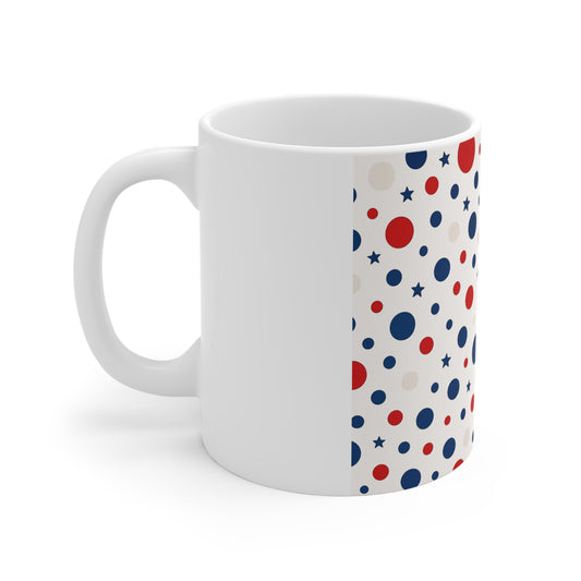 Patriotic Polka Dot Coffee Mug – Red White Blue Star Dot Mug – Minimalist USA Pattern Mug – Cute Americana Gift11oz