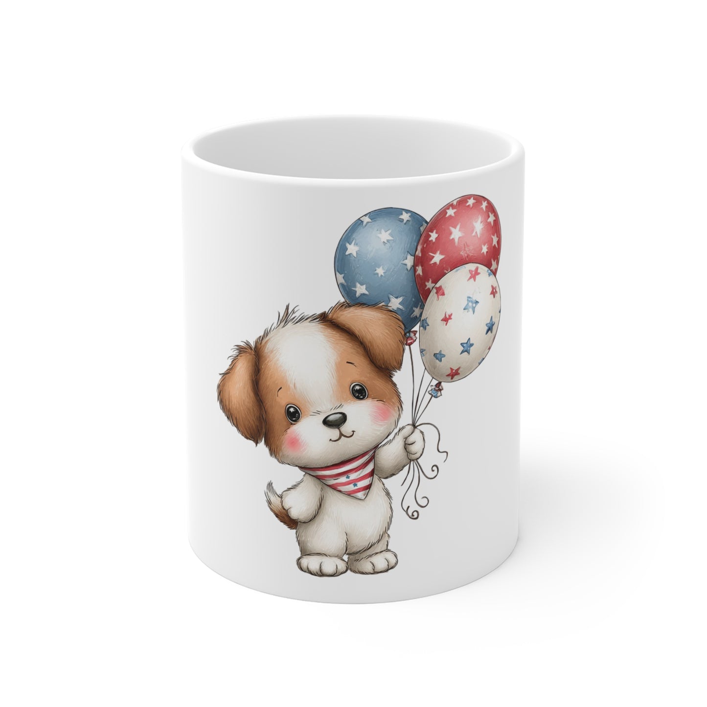 Cute Patriotic Puppy Balloon Mug – 4th of July Dog Coffee Mug – Red White Blue Puppy Balloons Cup – Americana Pet Lover Gift Patriotic Puppy Mug — Cute Dog with Red, White & Blue Balloons 11oz