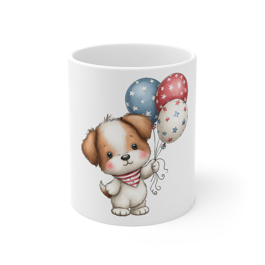 Cute Patriotic Puppy Balloon Mug – 4th of July Dog Coffee Mug – Red White Blue Puppy Balloons Cup – Americana Pet Lover Gift Patriotic Puppy Mug — Cute Dog with Red, White & Blue Balloons 11oz