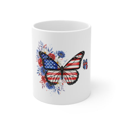 American Flag Butterfly Mug — Patriotic Floral 11oz Coffee Cup