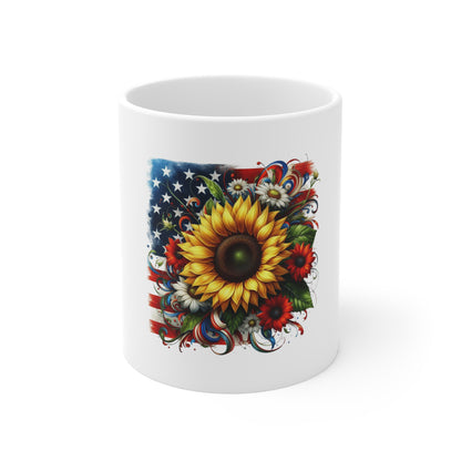 American Sunflower Mug — Patriotic Flag Floral Coffee Cup (11 oz)