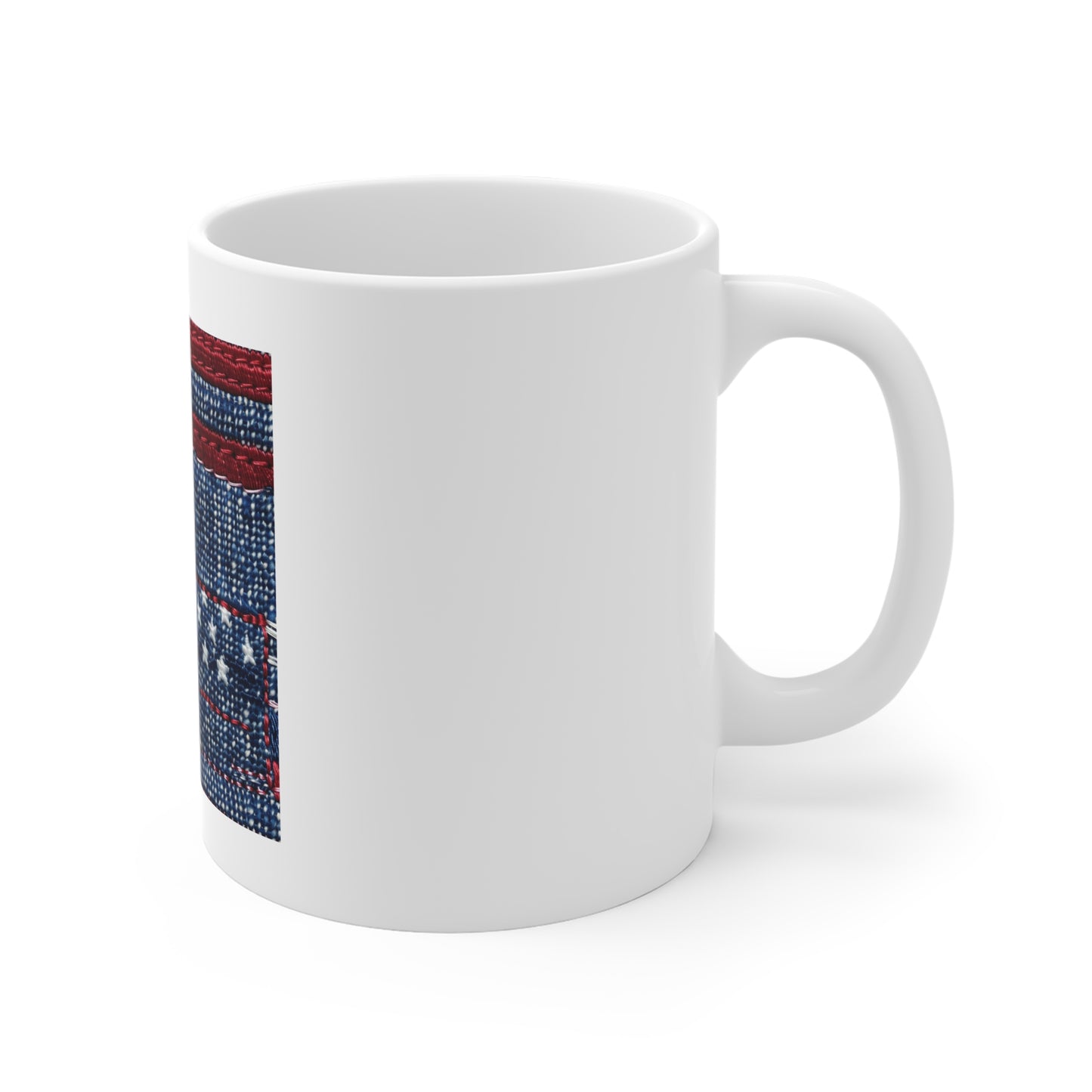 Denim American Flag Coffee Mug – Patchwork Stitch Patriotic Mug – Vintage Jeans USA Flag Design Cup – Rustic Americana Gift American Denim Flag Mug – 11oz Patriotic Coffee Cup