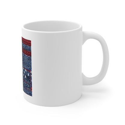 Denim American Flag Coffee Mug – Patchwork Stitch Patriotic Mug – Vintage Jeans USA Flag Design Cup – Rustic Americana Gift American Denim Flag Mug – 11oz Patriotic Coffee Cup