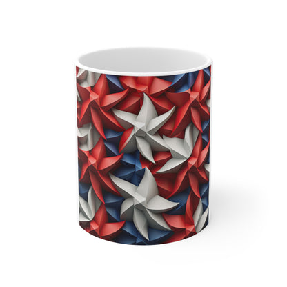 3D Patriotic Pinwheel Star Coffee Mug – Red White Blue Spiral Star Mug – Modern Americana Geometric Mug – Dynamic USA Star Design 11oz
