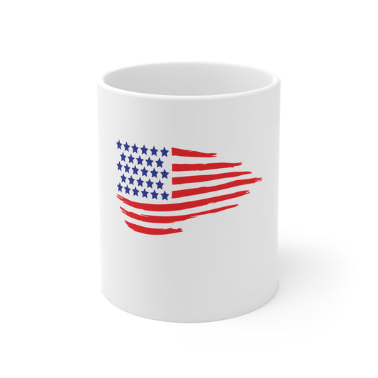 Wavy Distressed American Flag Coffee Mug – Flowing USA Flag Mug – Brushstroke Patriotic Cup – Red White Blue Gift Mug 11oz
