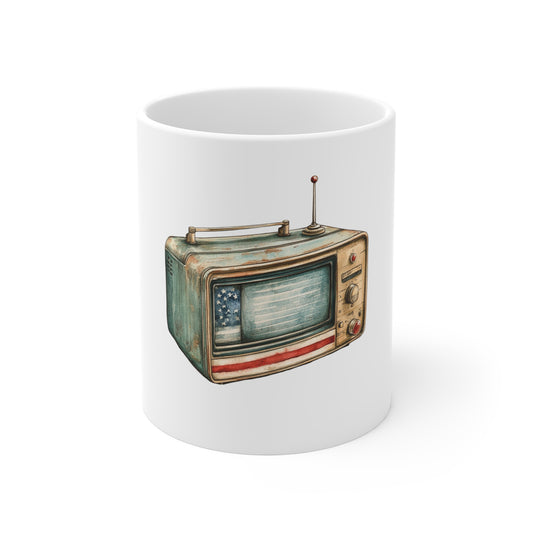 Vintage TV Mug — Retro American Flag Television Coffee Cup (11 oz)