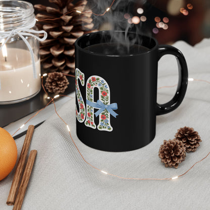 USA Floral Ribbon Mug — Patriotic Floral 11oz/15oz Black Coffee Cup