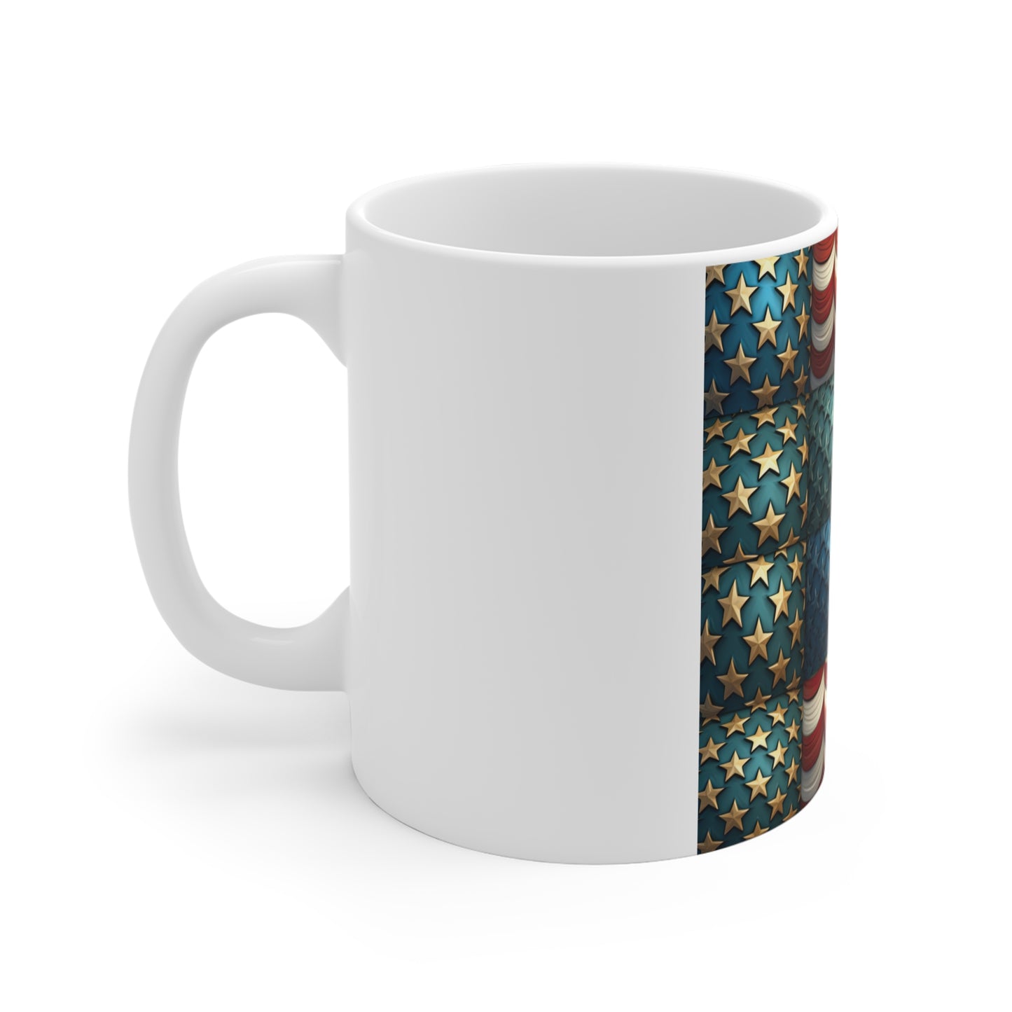 3D Americana Patchwork Coffee Mug – Vintage Patriotic Stars & Stripes Mug – Textured USA Flag Quilt Design – Rustic Red White Blue Mug 11oz