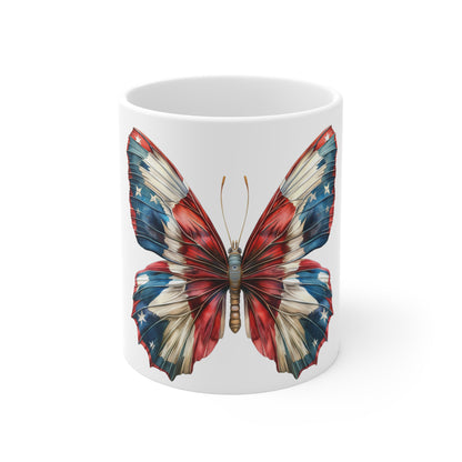 Vintage Patriotic Butterfly Mug – Americana Stars & Stripes Coffee Mug – Red White Blue Rustic Art Cup – USA Gift Mug Mug 11oz