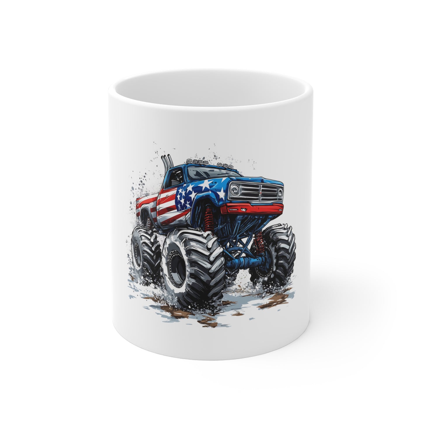 Patriotic Monster Truck Coffee Mug – American Flag Off-Road Truck Mug – Mud Splash USA Truck Design – Bold Americana Gift Mug 11oz