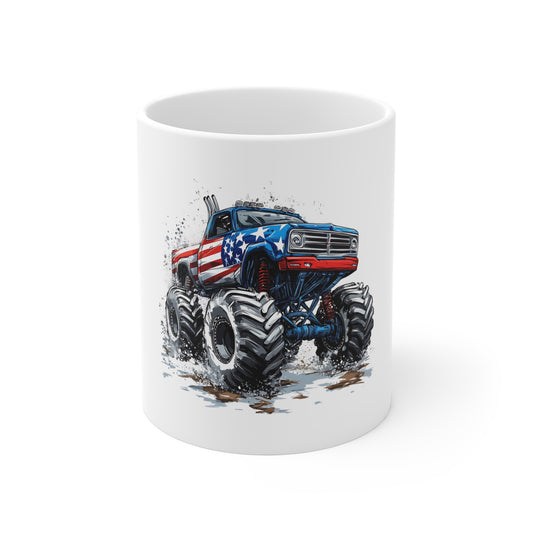 Patriotic Monster Truck Coffee Mug – American Flag Off-Road Truck Mug – Mud Splash USA Truck Design – Bold Americana Gift Mug 11oz