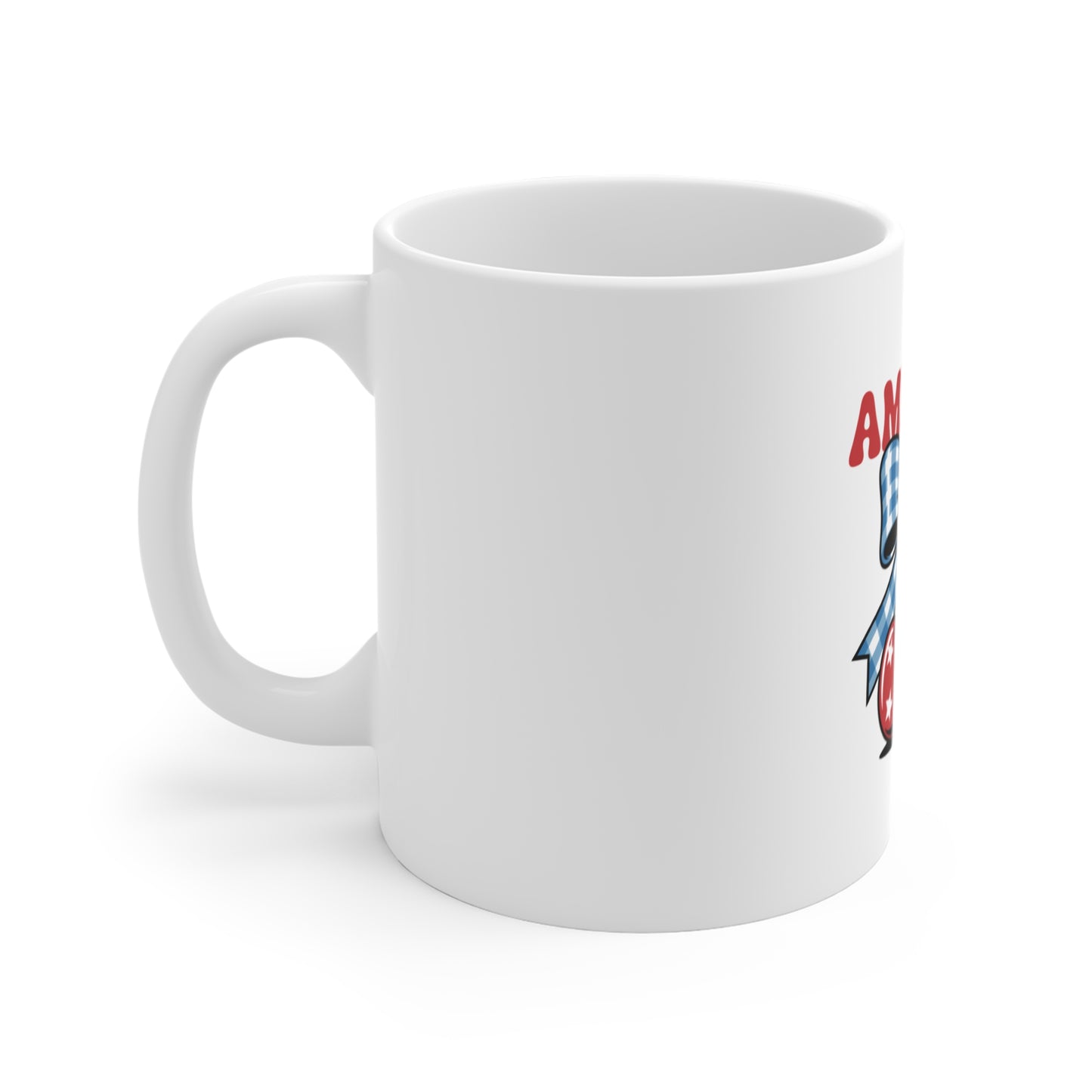 America Cherry Mug — Patriotic 11oz Coffee Cup with Stars & Gingham Bow