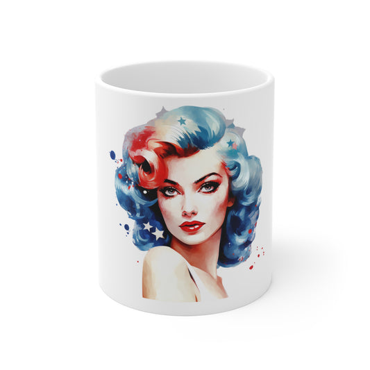 Patriotic Watercolor Pin Up Mug – Americana Blue Hair Portrait Coffee Mug – Red White Blue Retro Beauty Cup – Vintage USA Art Mug – Gift for Her Patriotic Pin-Up Art Mug (11oz)