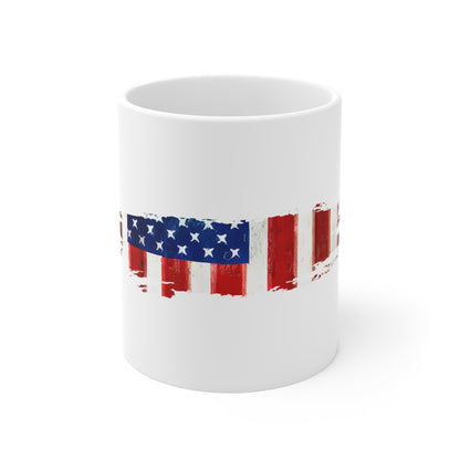 Burnt USA Flag Brush Stroke Mug – Weathered Freedom Coffee Cup – Distressed American Resilience Design Mug 11oz