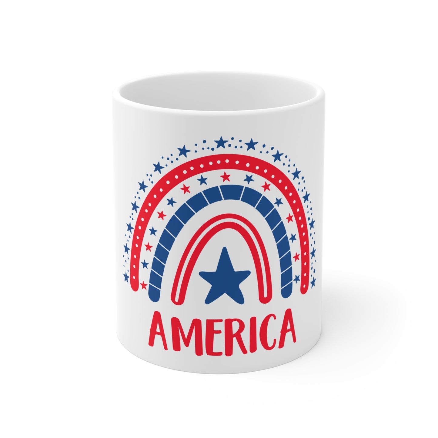 America Rainbow Coffee Mug – Whimsical Patriotic Star Design – Red White Blue Cute USA Mug – 4th of July Gift Mug 11oz