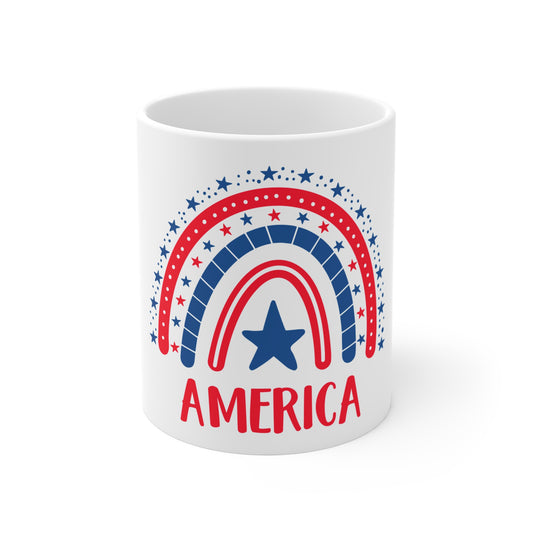America Rainbow Coffee Mug – Whimsical Patriotic Star Design – Red White Blue Cute USA Mug – 4th of July Gift Mug 11oz