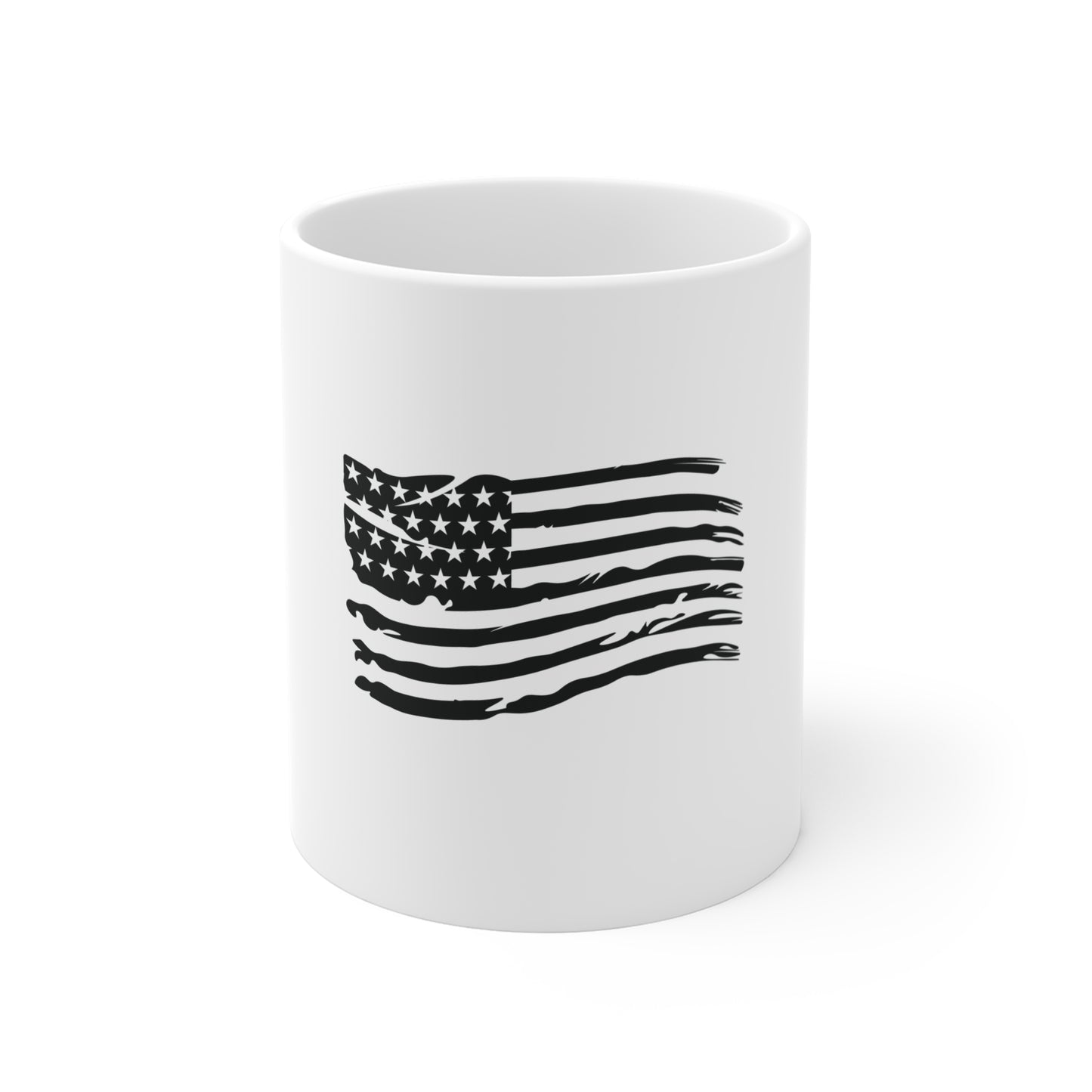 Black Distressed Waving American Flag Coffee Mug – Fluid USA Flag Mug – Stealth Patriotic Cup – Modern Americana Gift Mug 11oz