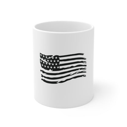 Black Distressed Waving American Flag Coffee Mug – Fluid USA Flag Mug – Stealth Patriotic Cup – Modern Americana Gift Mug 11oz