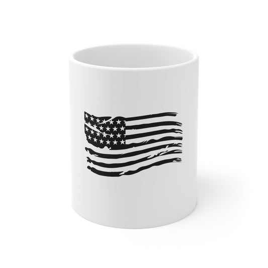 Black Distressed Waving American Flag Coffee Mug – Fluid USA Flag Mug – Stealth Patriotic Cup – Modern Americana Gift Mug 11oz