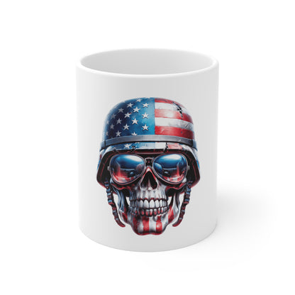 Patriotic Military Skull Coffee Mug – American Flag Helmet Skull with Aviator Sunglasses – USA Combat Style Mug – Veteran Gift Mug 11oz