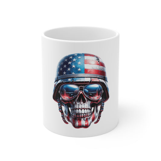 Patriotic Military Skull Coffee Mug – American Flag Helmet Skull with Aviator Sunglasses – USA Combat Style Mug – Veteran Gift Mug 11oz