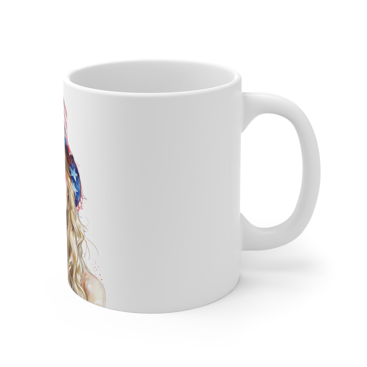 Patriotic Watercolor Woman Coffee Mug – USA Flag Hat Artistic Portrait Mug – Americana Soft Brush Art Cup – Elegant 4th of July Gift Mug 11oz