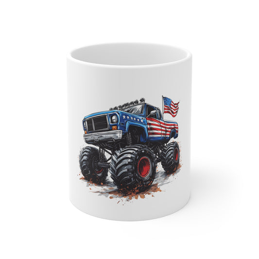 Patriotic Monster Truck Coffee Mug – American Flag Pickup Truck Mug – USA Off-Road Truck Design – Rugged Americana Gift Mug 11oz