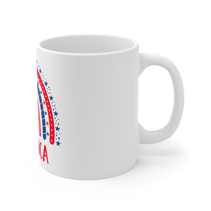 America Rainbow Coffee Mug – Whimsical Patriotic Star Design – Red White Blue Cute USA Mug – 4th of July Gift Mug 11oz