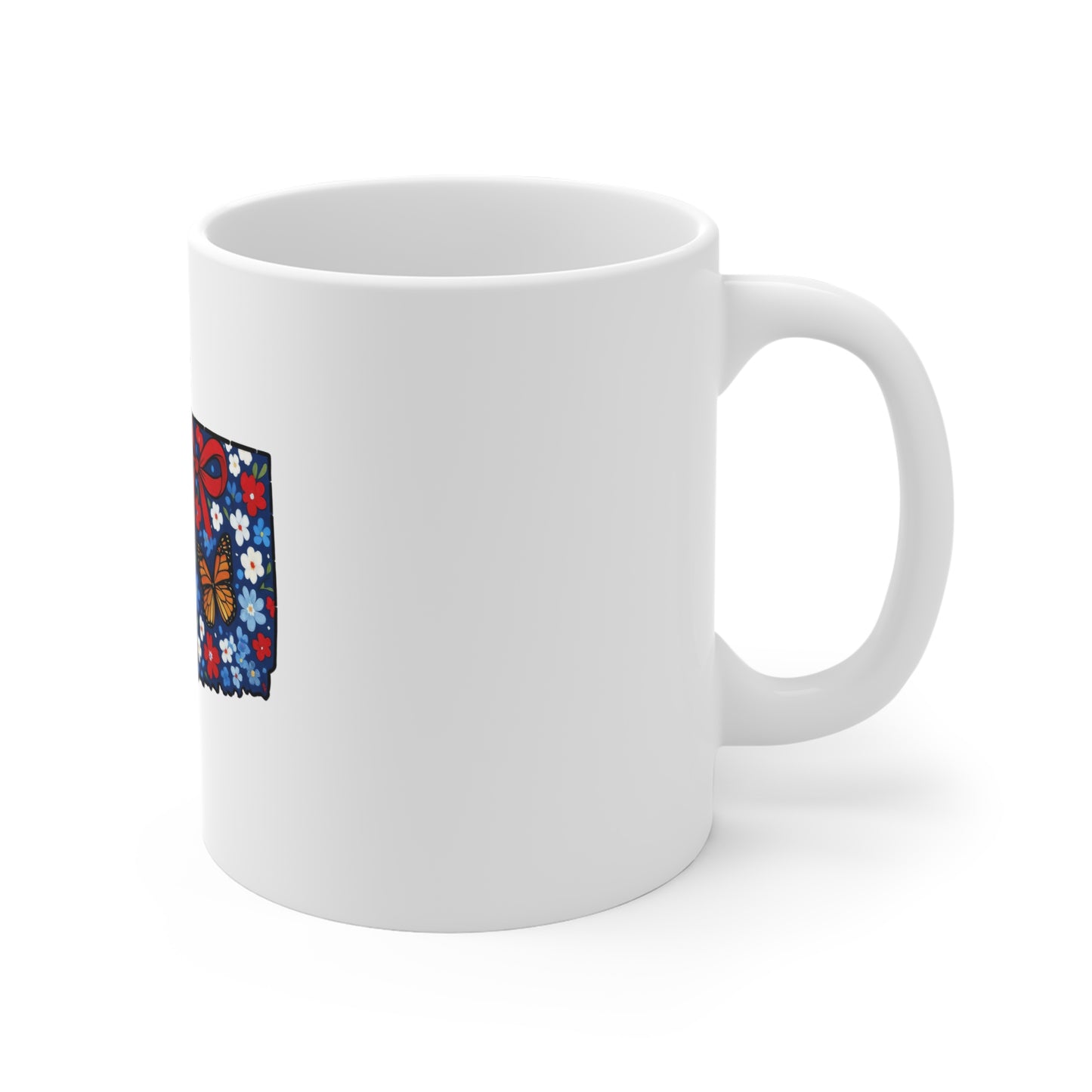 Connecticut Floral State Map 11oz Mug — Cute Red White Blue Flowers & Butterfly