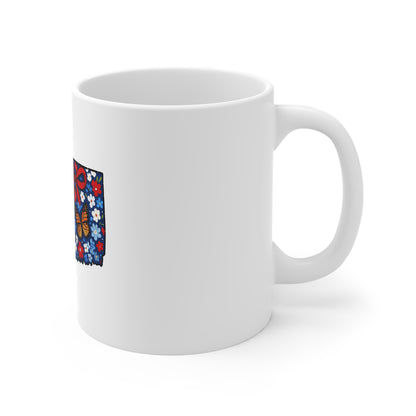 Connecticut Floral State Map 11oz Mug — Cute Red White Blue Flowers & Butterfly