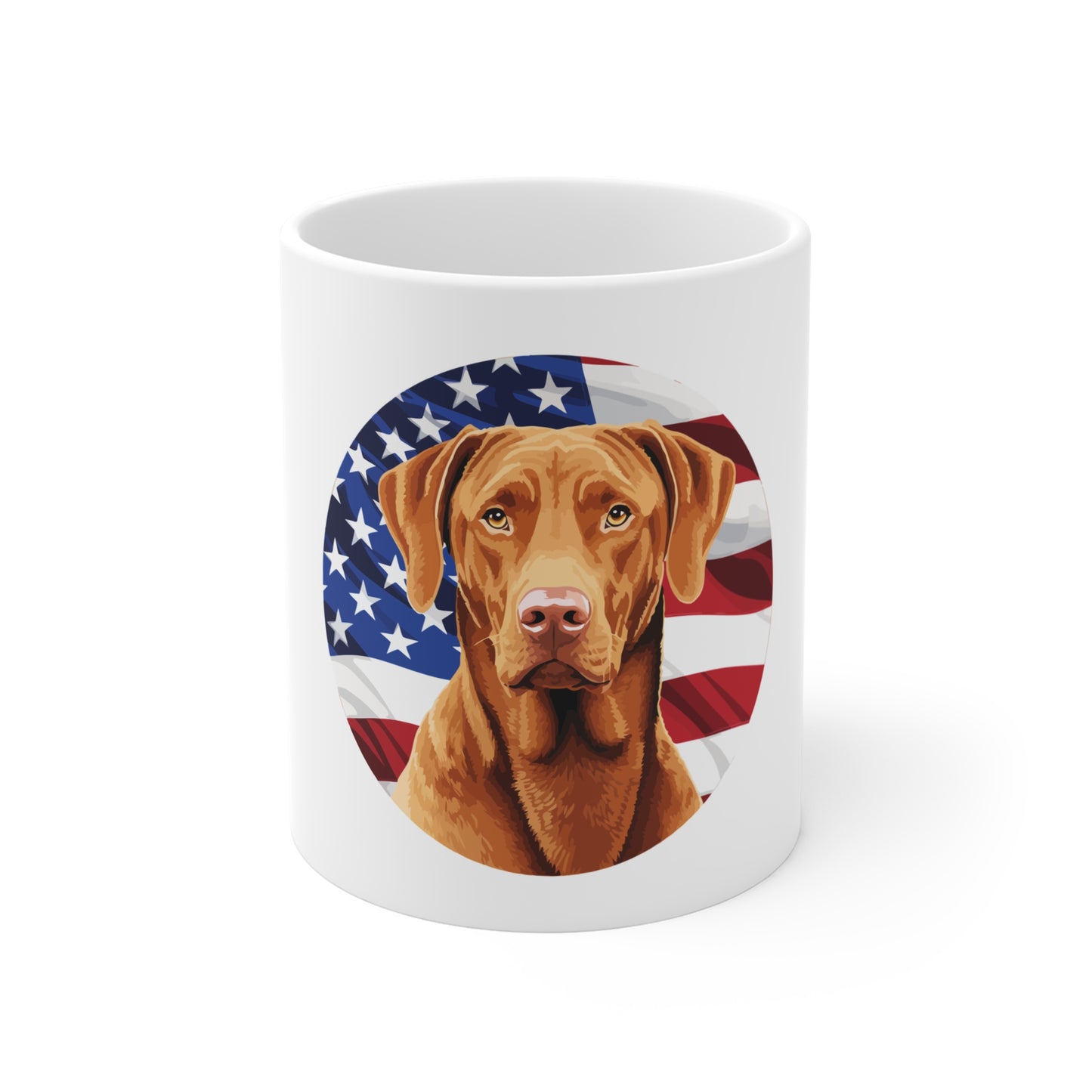 Patriotic Chesapeake Bay Retriever Coffee Mug – American Flag Dog Mug – USA Hunting Dog Cup – Outdoor Americana Gift Mug 11oz