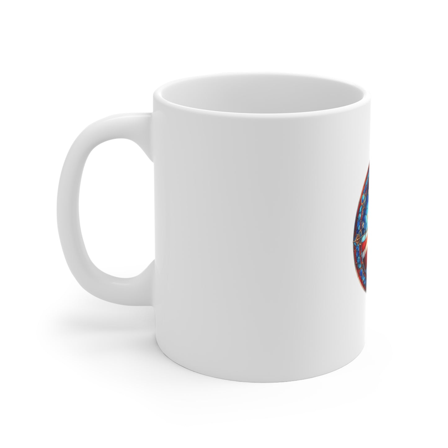 Stained Glass American Flag Mug – Radiant Flag Coffee Mug – Patriotic Sunburst USA Cup – Red White Blue Americana Gift Mug 11oz