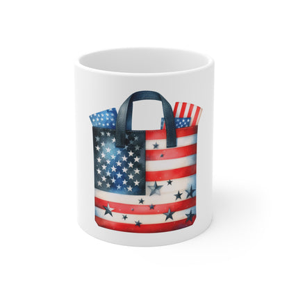 Patriotic Tote Mug — 11oz Coffee Cup with American Flag Bag Design