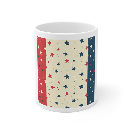 Patriotic Star Border Coffee Mug – Americana Side Stripe Mug – Red White Blue Star Pattern Cup – Vintage USA Border Design Mug Patriotic Star Pattern Mug – Red, White & Blue 11oz Coffee Cup