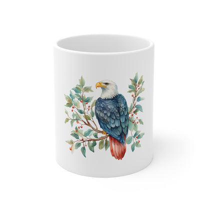 Eagle & Berries 11oz Ceramic Mug — Watercolor Bald Eagle Nature Coffee Cup
