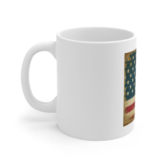 Vintage American Flag Coffee Mug – Classic Distressed USA Flag Mug – Patriotic 11oz Ceramic Cup – Gift for Veterans & Proud Americans