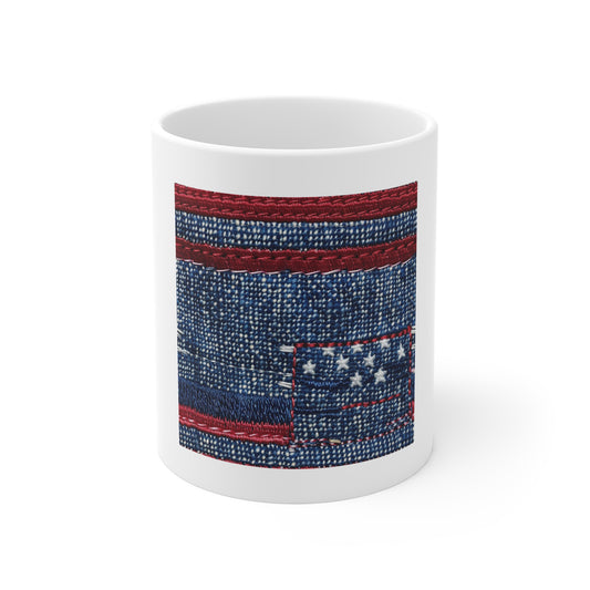 Denim American Flag Coffee Mug – Patchwork Stitch Patriotic Mug – Vintage Jeans USA Flag Design Cup – Rustic Americana Gift American Denim Flag Mug – 11oz Patriotic Coffee Cup