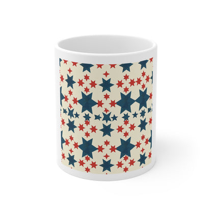 Geometric Star Grid Coffee Mug – Patriotic Star Pattern Mug – Red White Blue Modern Americana Cup – Symmetrical USA Star Design Mug Patriotic Stars 11oz Coffee Mug — Red & Navy Star Pattern, Fourth of...