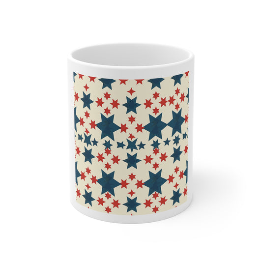 Geometric Star Burst Coffee Mug – Retro Patriotic Star Pattern Mug – Americana Red Blue Star Grid Cup – Bold USA Pattern Mug Patriotic Red & Navy Star Pattern Mug - 11oz Ceramic Coffee Cup