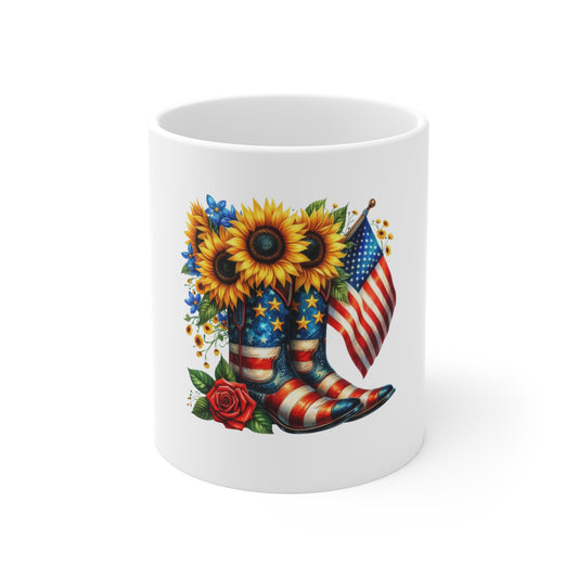 American Flag Cowboy Boots Mug — Sunflowers, Roses & Patriotic Design (11oz)