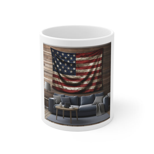 Rustic American Flag Living Room Scene Coffee Mug – USA Flag Wall Decor Mug – Patriotic Home Style Mug – Vintage Americana Interior Cup American Flag Wall Decor Mug — Rustic Patriotic 11oz Coffee Cup...