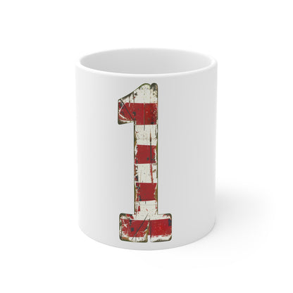 Distressed American Flag Number 1 Coffee Mug – Vintage Patriotic Number Mug – Rustic USA Flag Art Cup – Americana Style Gift Mug 11oz