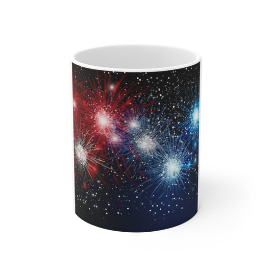 Patriotic Fireworks Night Coffee Mug – Red White Blue Burst Mug – Starry Sky Celebration Cup – Independence Day Firework Design Patriotic Fireworks Coffee Mug – Red White Blue 11oz Ceramic