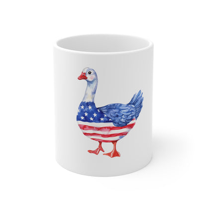 Patriotic Goose Mug – American Flag Watercolor 11oz Coffee Cup