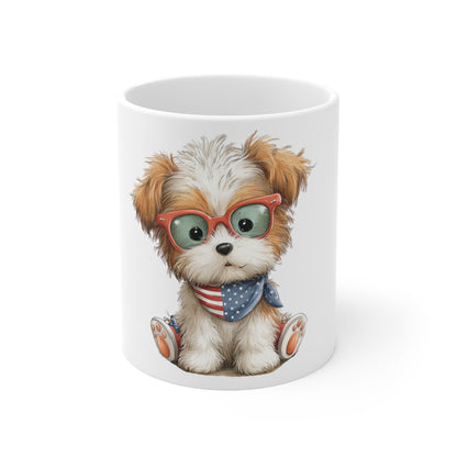 Cute Patriotic Puppy Sunglasses Coffee Mug – 4th of July Dog Mug – Americana Puppy Shades Cup – Red White Blue Pet Lover Gift Cute Puppy Mug - 11oz Coffee Cup with Patriotic Bandana & Glasses