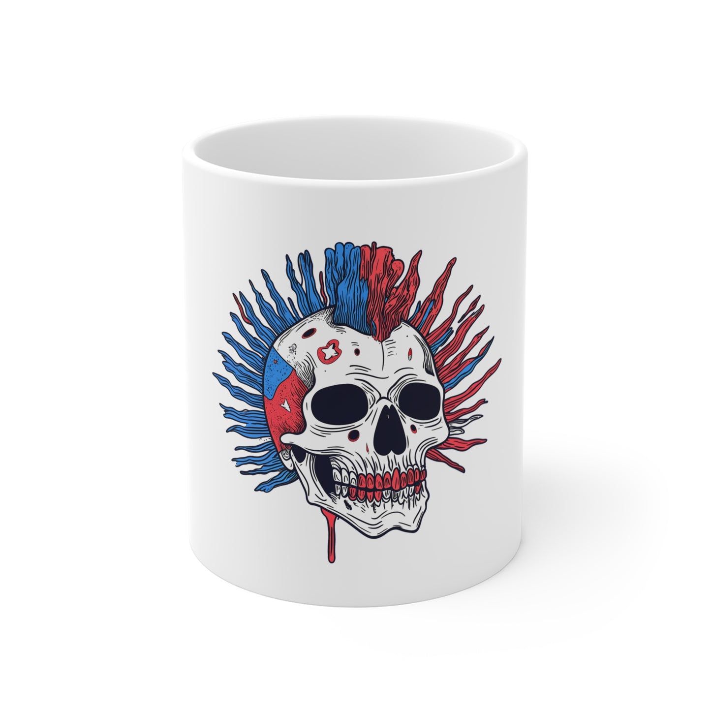 Skull Punk Mug — Red & Blue Mohawk Skull Coffee Cup