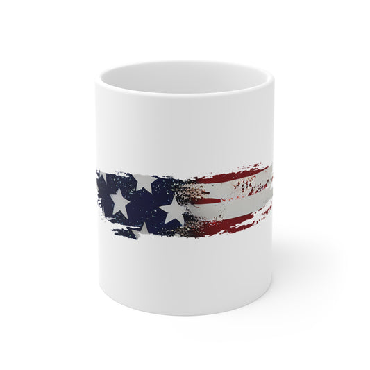 Textured USA Flag Brush Stroke Mug – Gritty American Flag Coffee Cup – Rugged Paint Effect Patriotic Design Mug 11oz